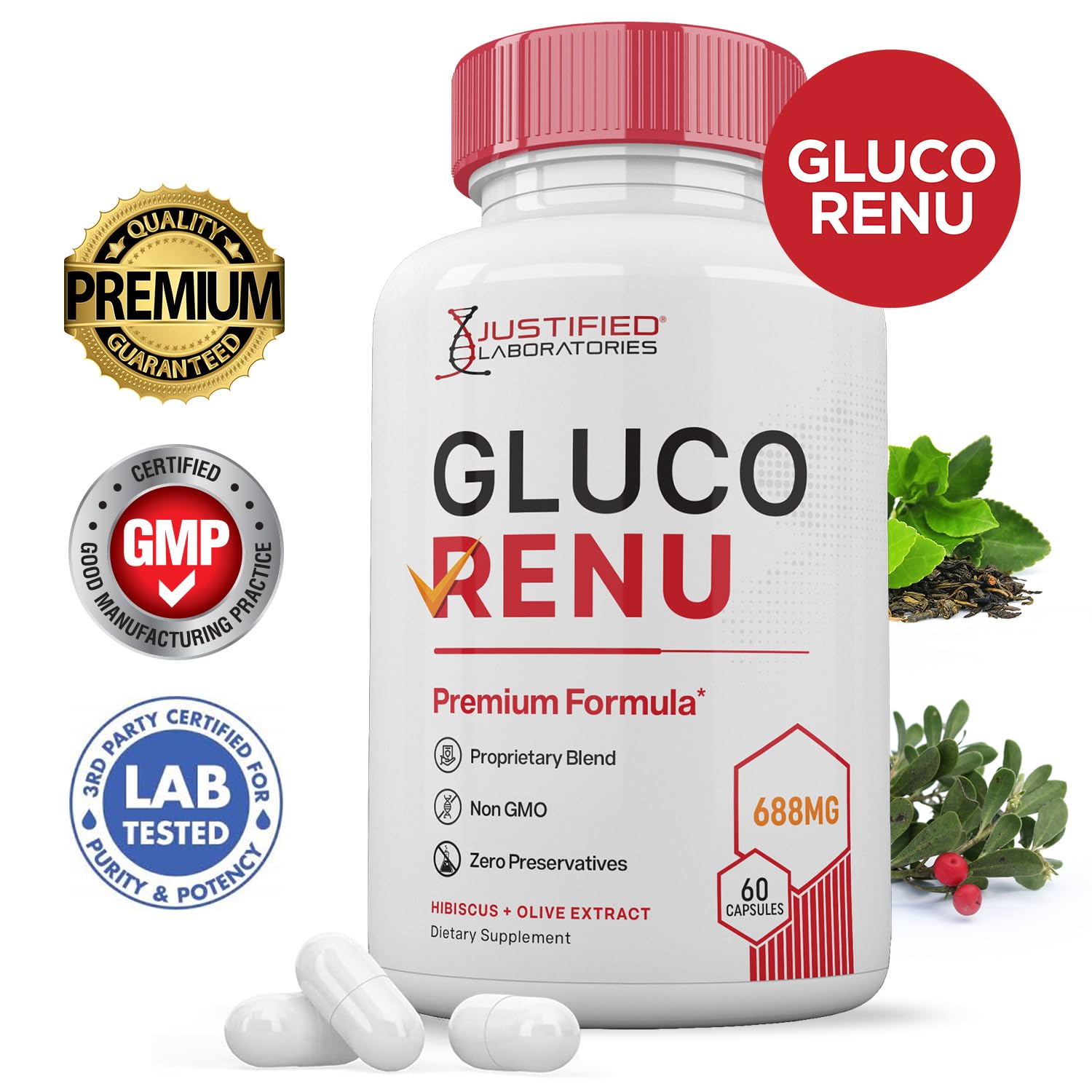 Gluco Renu 688MG Glyco Support Pills Premium Formula Gluo Renew Glycogen Support Formulated Hawthrone Hibiscus Garlic Junpier Powder Olive Forskolin Green Tea Extract 60 Capsules - dailyvitalstore