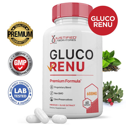 Gluco Renu 688MG Glyco Support Pills Premium Formula Gluo Renew Glycogen Support Formulated Hawthrone Hibiscus Garlic Junpier Powder Olive Forskolin Green Tea Extract 60 Capsules - dailyvitalstore