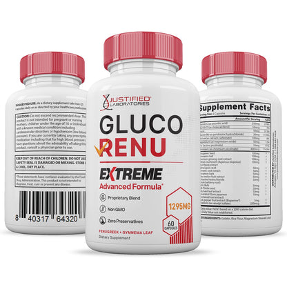 Gluco Renu Extreme 1295MG Glyco Support Pills Advacned Formula Gluo Renew Glycogen Support Formulated with Turmeric Berberine Resveratrol Garlic Bitter Melon Milk Thistle 60 Capsules - dailyvitalstore