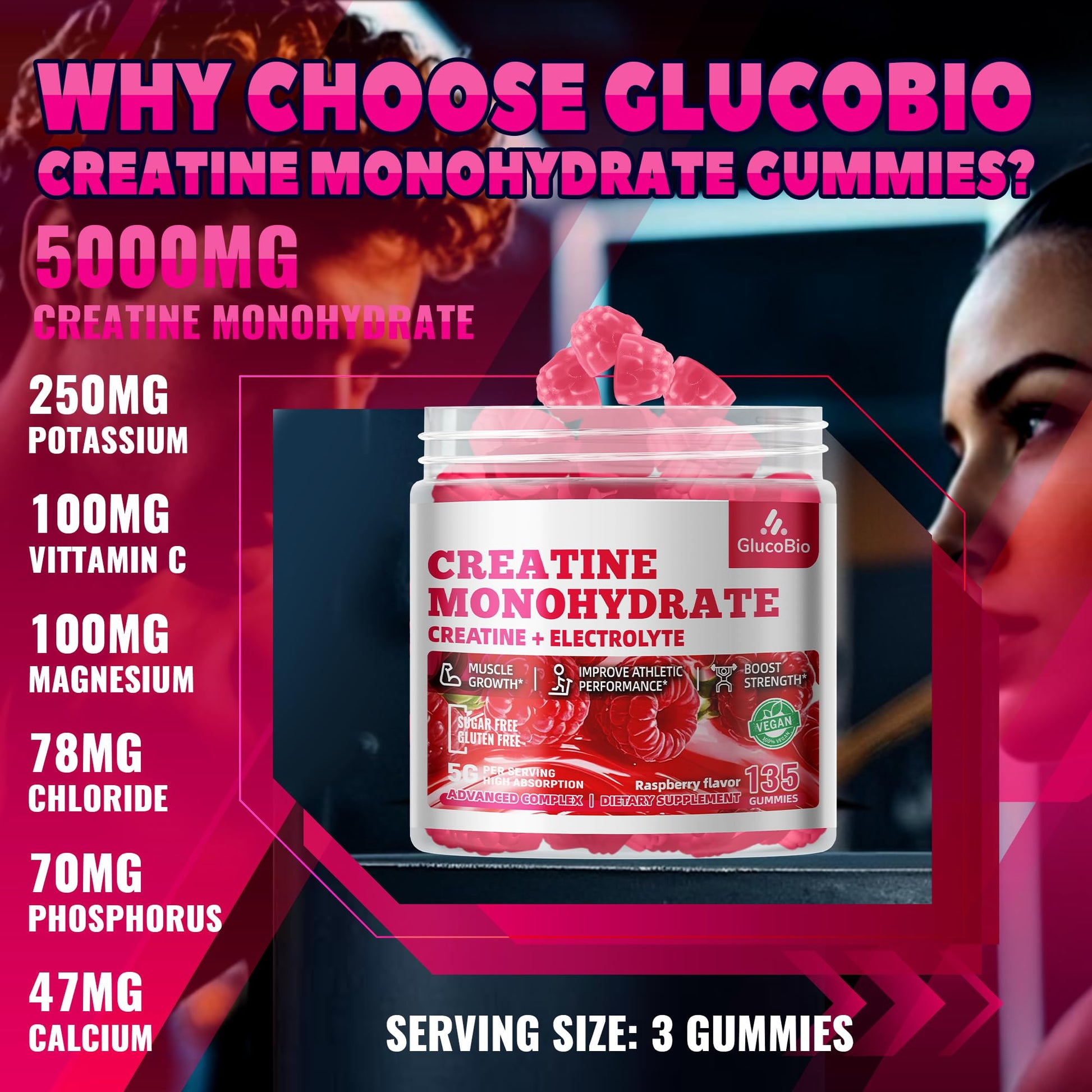 GlucoBio Creatine Monohydrate Gummies (5g) – Pre-Workout Energy & Muscle Growth Support for Men & Women - dailyvitalstore