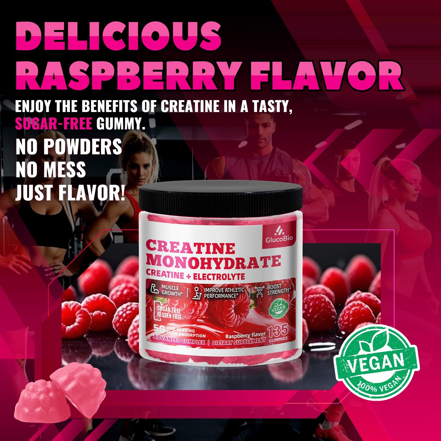 GlucoBio Creatine Monohydrate Gummies (5g) – Pre-Workout Energy & Muscle Growth Support for Men & Women - dailyvitalstore