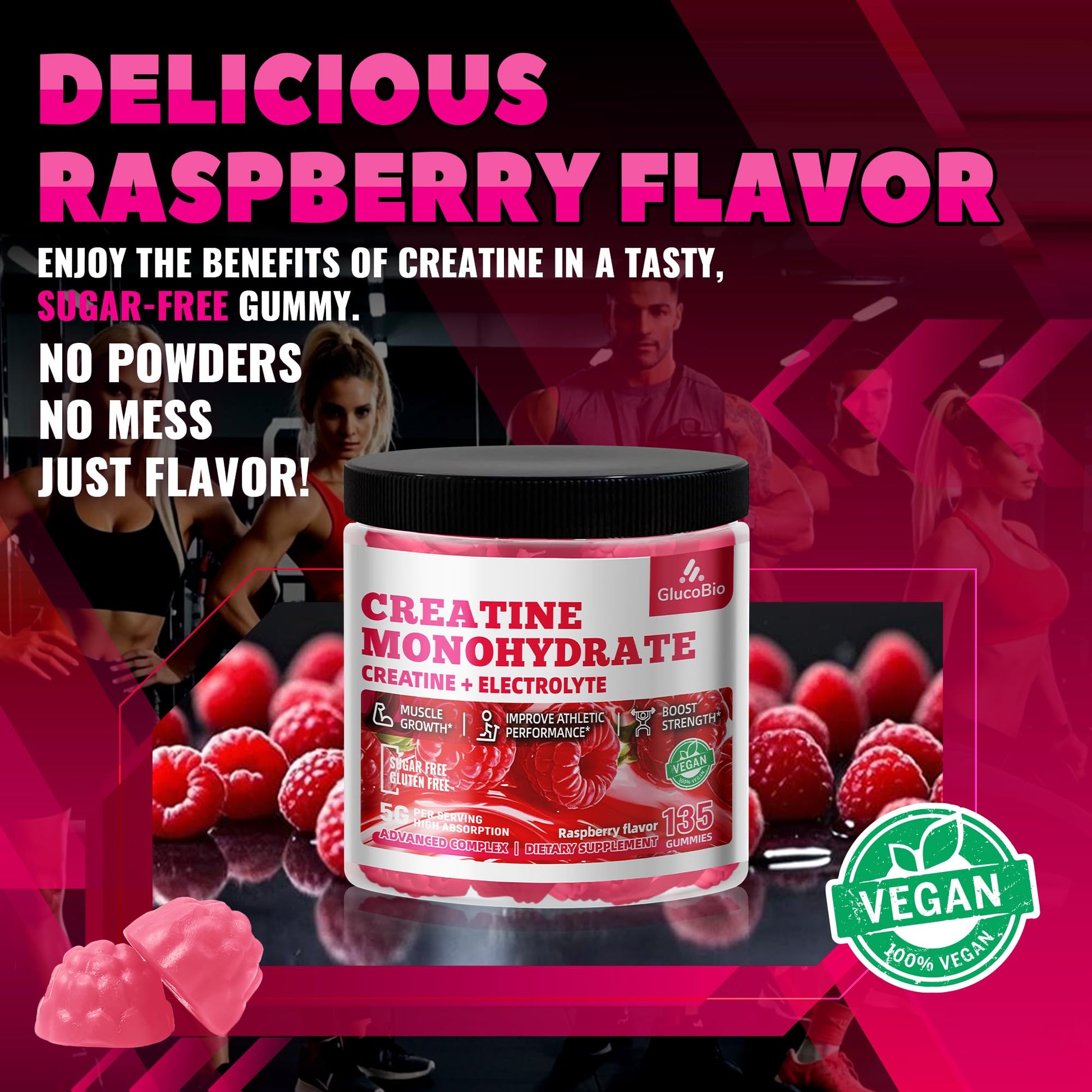 GlucoBio Creatine Monohydrate Gummies (5g) – Pre-Workout Energy & Muscle Growth Support for Men & Women - dailyvitalstore