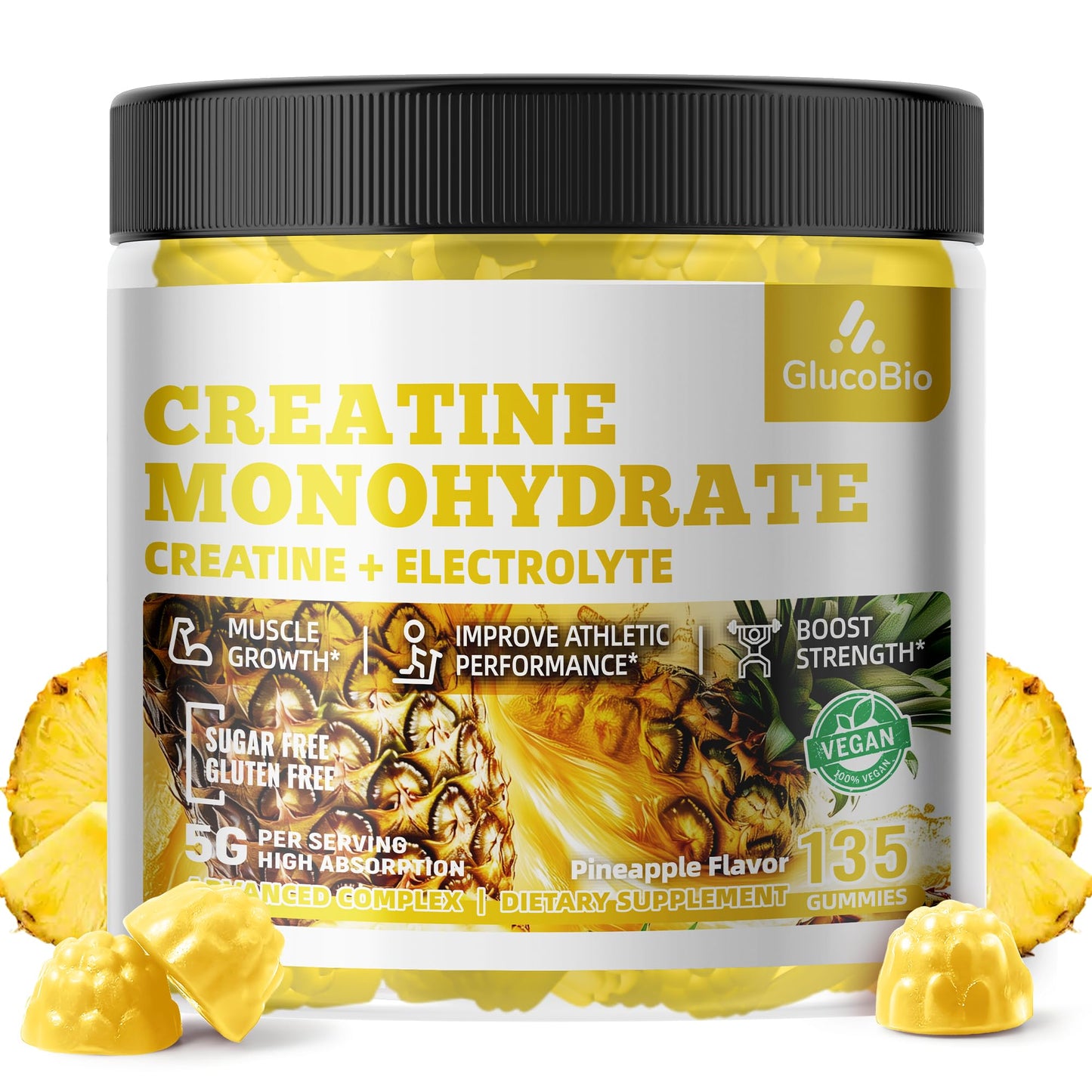 GlucoBio Creatine Monohydrate Gummies (5g) – Pre-Workout Energy & Muscle Growth Support for Men & Women | Pineapple Electrolyte Gummies (135 Count) - dailyvitalstore