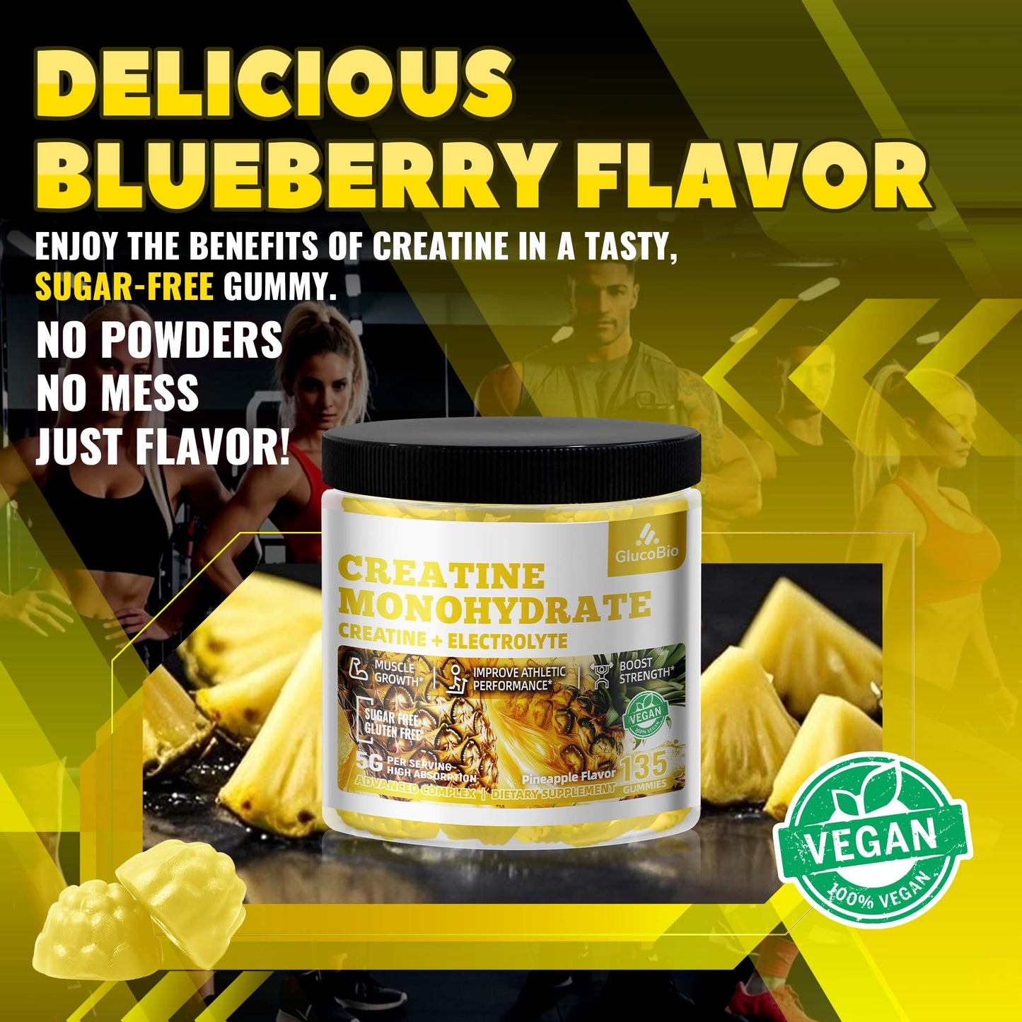 GlucoBio Creatine Monohydrate Gummies (5g) – Pre-Workout Energy & Muscle Growth Support for Men & Women | Pineapple Electrolyte Gummies (135 Count) - dailyvitalstore