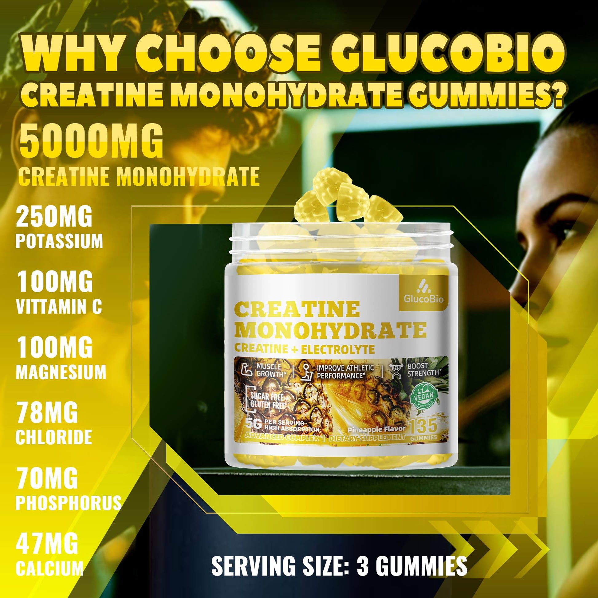 GlucoBio Creatine Monohydrate Gummies (5g) – Pre-Workout Energy & Muscle Growth Support for Men & Women | Pineapple Electrolyte Gummies (135 Count) - dailyvitalstore