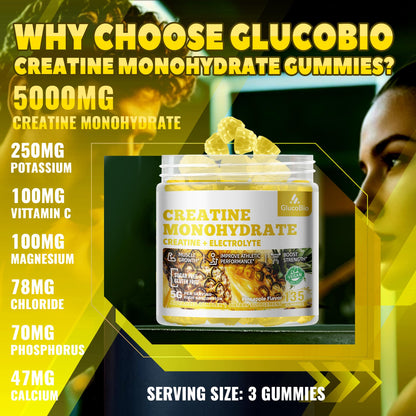 GlucoBio Creatine Monohydrate Gummies (5g) – Pre-Workout Energy & Muscle Growth Support for Men & Women | Pineapple Electrolyte Gummies (135 Count) - dailyvitalstore