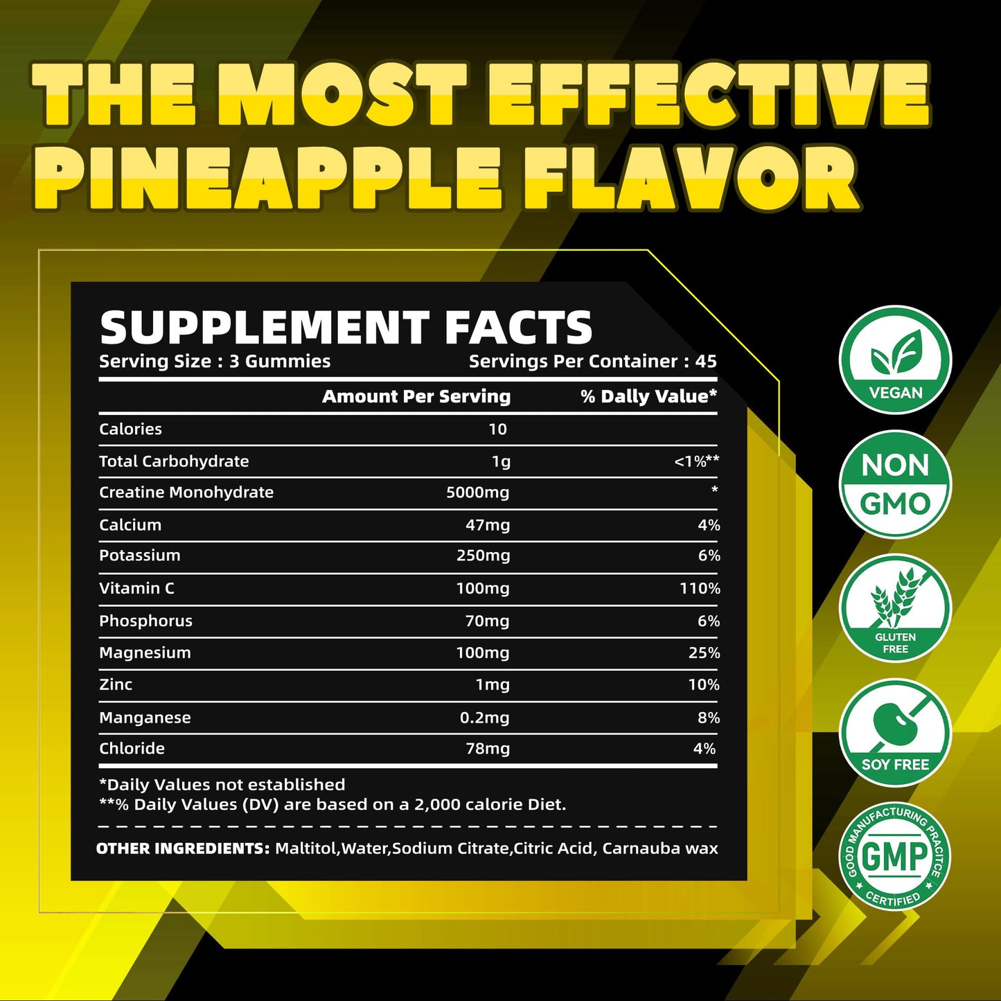 GlucoBio Creatine Monohydrate Gummies (5g) – Pre-Workout Energy & Muscle Growth Support for Men & Women | Pineapple Electrolyte Gummies (135 Count) - dailyvitalstore