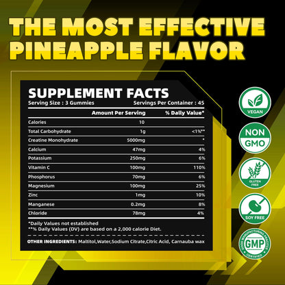 GlucoBio Creatine Monohydrate Gummies (5g) – Pre-Workout Energy & Muscle Growth Support for Men & Women | Pineapple Electrolyte Gummies (135 Count) - dailyvitalstore