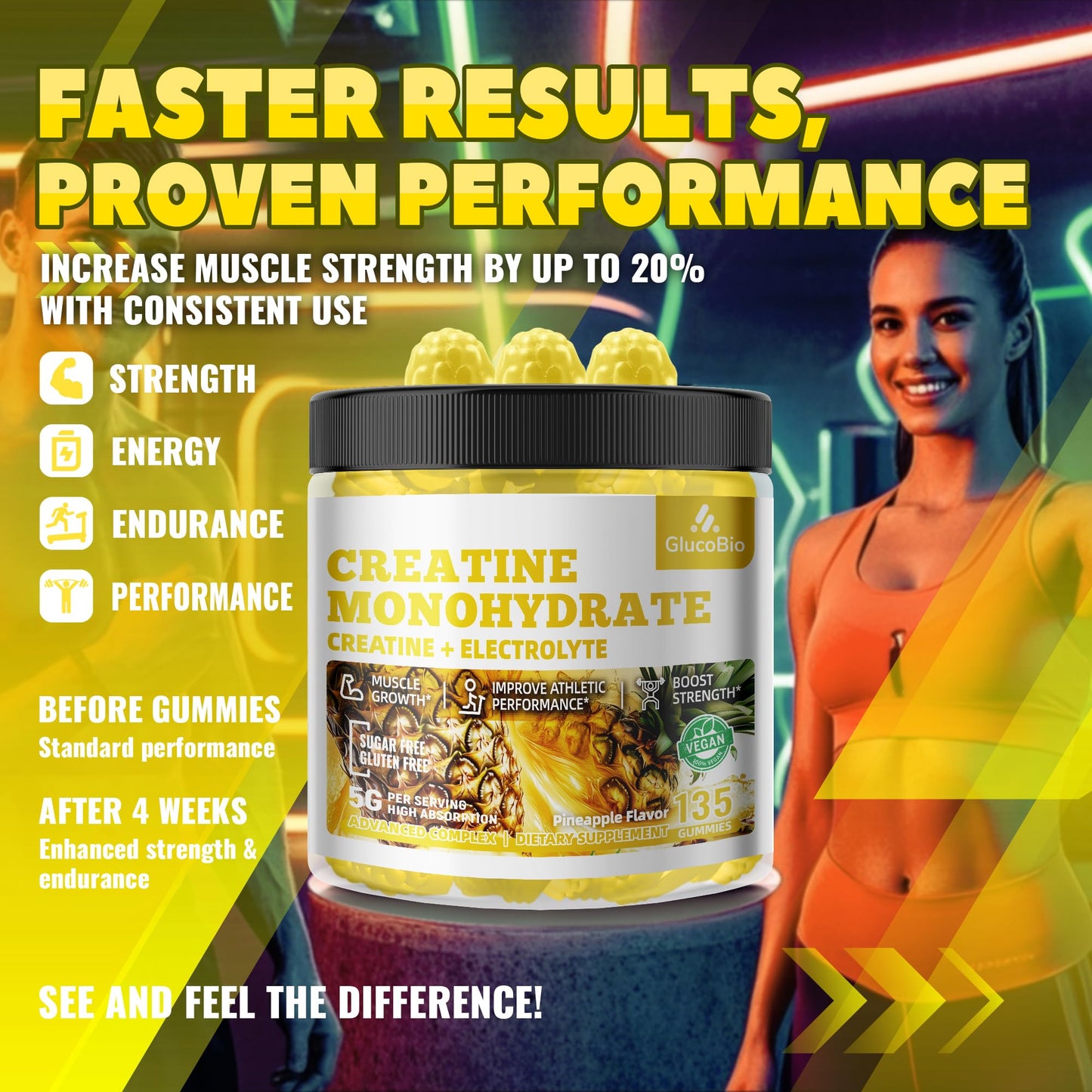 GlucoBio Creatine Monohydrate Gummies (5g) – Pre-Workout Energy & Muscle Growth Support for Men & Women | Pineapple Electrolyte Gummies (135 Count) - dailyvitalstore