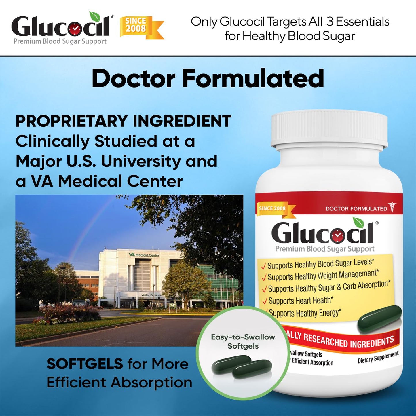 Glucocil – Softgels - Premium Blood Sugar Support - New Clinical Study Published March 2026-3 Million Bottles Sold - Supports the 3 Essentials - dailyvitalstore