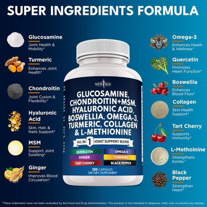 Glucosamine Chondroitin, MSM, Turmeric Curcumin, Collagen, Hyaluronic Acid, Omega 3 – Health Supplement for Men & Women – 240 Count - dailyvitalstore