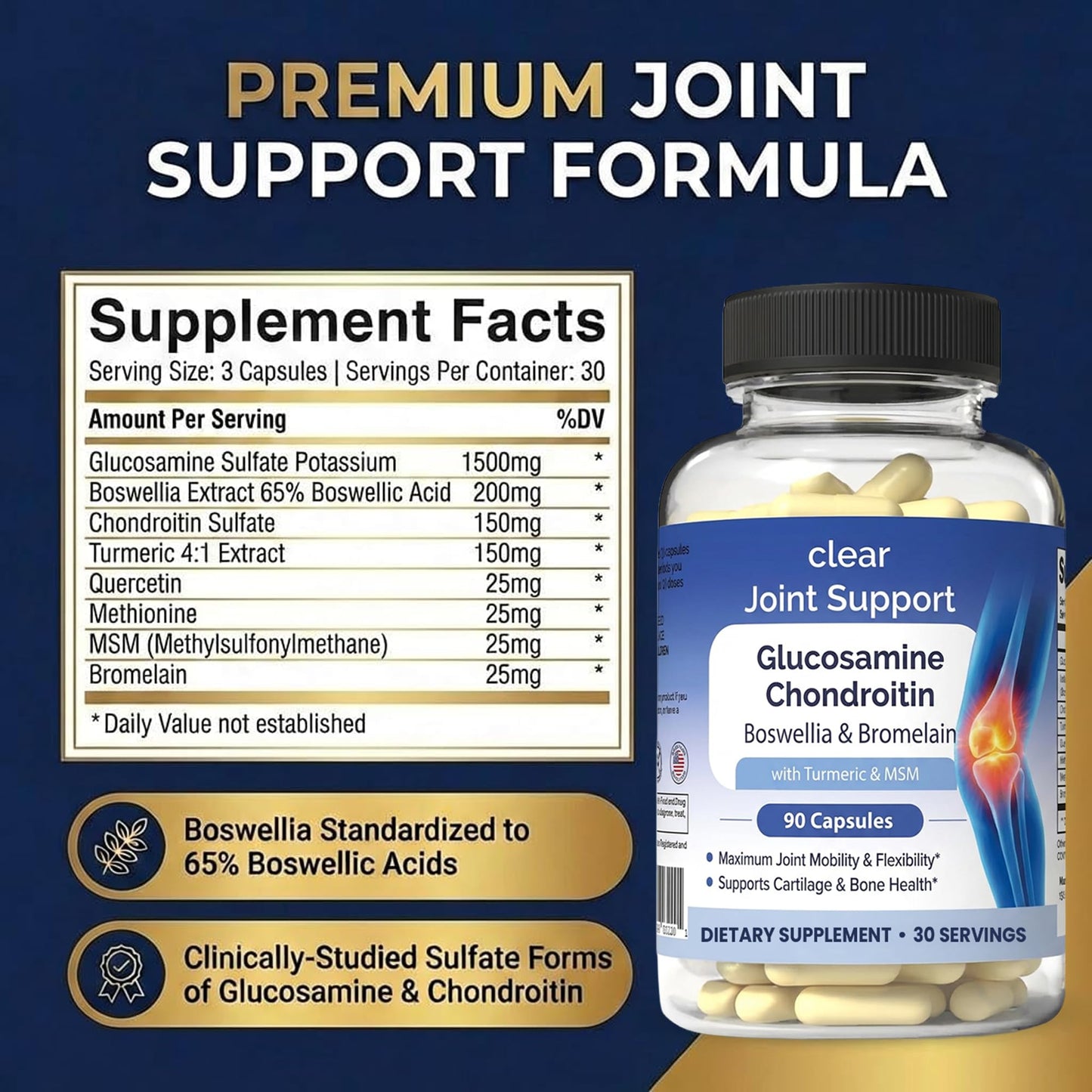 Glucosamine Chondroitin MSM with Turmeric & Boswellia 540 Capsules | 8-in-1 Joint Support Supplement for Flexibility & Mobility | Joint Supplement for Men & Women – Supports Back, Knees, Hips & Joints - dailyvitalstore