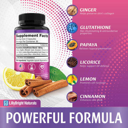 Glutathione Capsules - 1,500mcg L-Glutathione Supplement with Vitamin C - Skin Tone Enhancer - Targets Dark Spots & Acne Marks - Antioxidant Supplement for Beauty & Health Support - 60 Skin Pills - dailyvitalstore