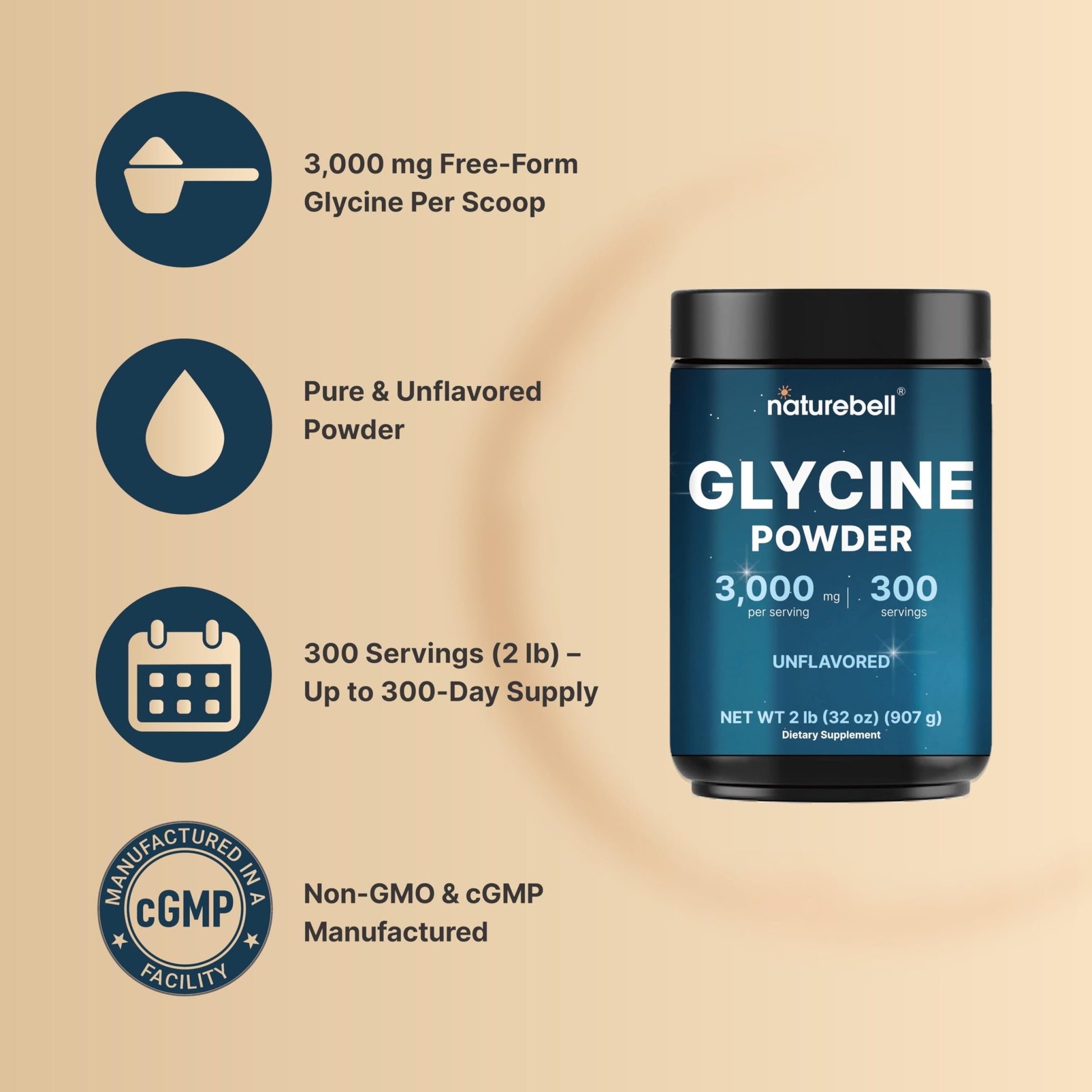 Glycine Powder, 300 Servings (2 lb) – 3,000 mg Free-Form Glycine Per Serving – Unflavored Pure Powder – Non-GMO, cGMP Manufactured - dailyvitalstore