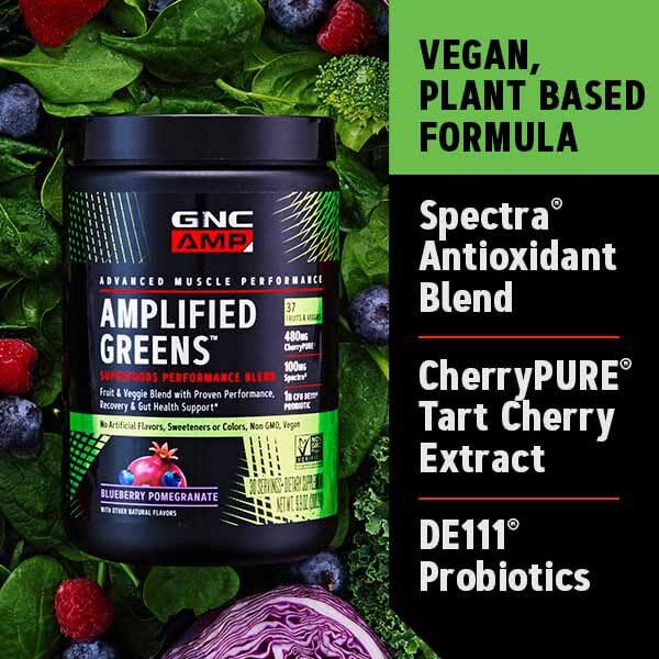 GNC AMP Amplified Greens Superfoods Performance Blend - Vegan Athlete Superfood Drink - Blueberry Pomegranate - 9.9 Oz (30 Servings) - dailyvitalstore