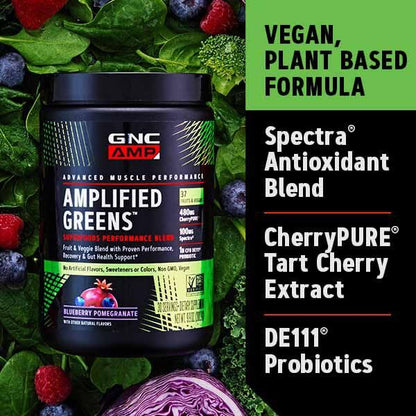 GNC AMP Amplified Greens Superfoods Performance Blend - Vegan Athlete Superfood Drink - Blueberry Pomegranate - 9.9 Oz (30 Servings) - dailyvitalstore