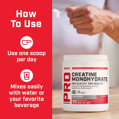GNC Pro Performance Creatine Monohydrate Powder for Women & Men, 5g Creatine Per Serving, Muscle Building, Energy Production, Endurance, Performance, 50 Servings - dailyvitalstore