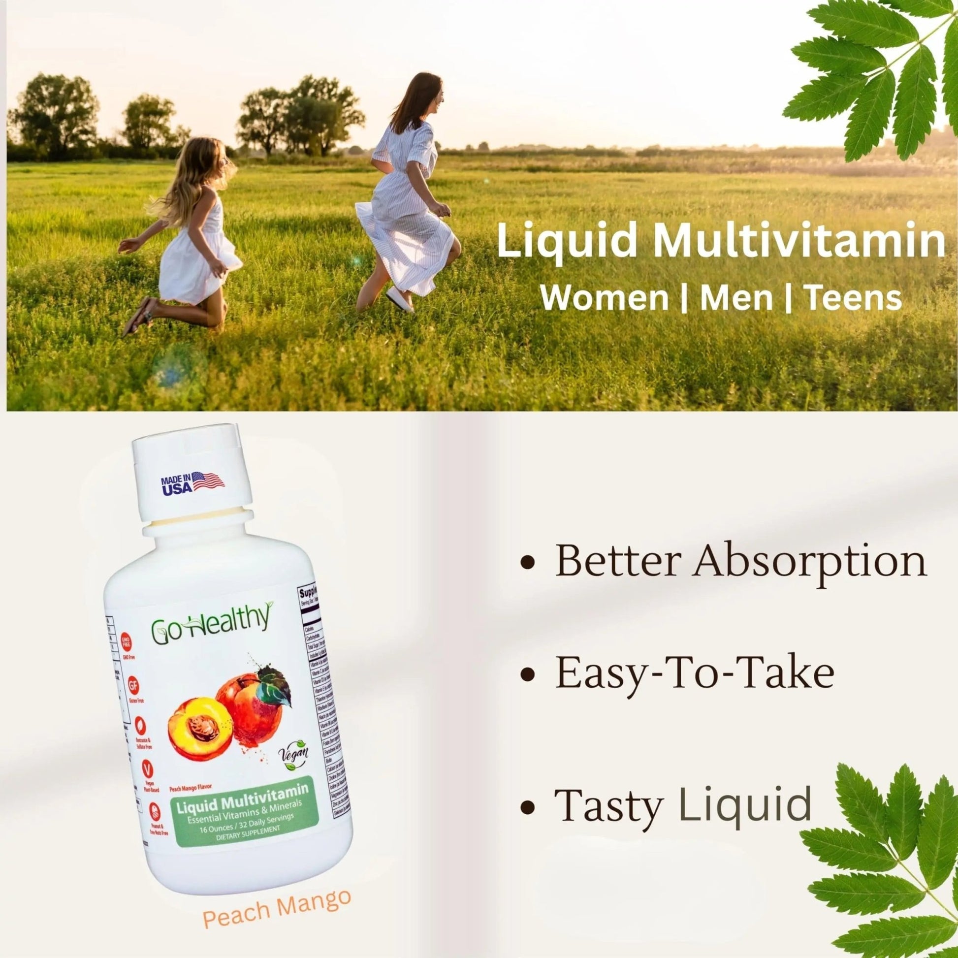 Go Healthy Liquid Vitamins for Women, Men, Teens | Vegan Vitamin & Mineral | High Absorption | Premium Liquid Multivitamin | - dailyvitalstore