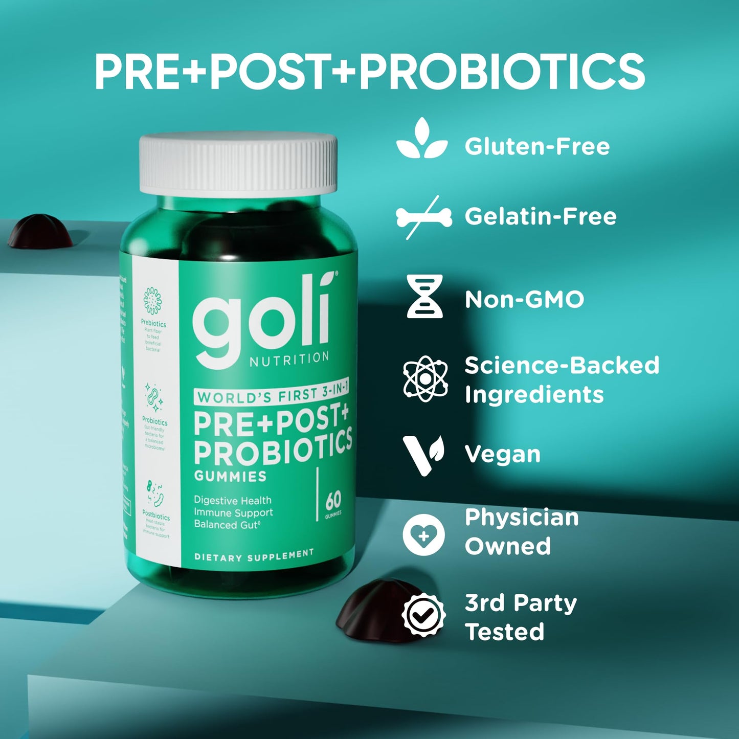 Goli Pre Pro Postbiotic Gummies - Worlds First 3-in-1 Formula with DE111 Probiotics, XOS Prebiotics, MCC1849 Postbiotics - Vegan, Non-GMO, - dailyvitalstore