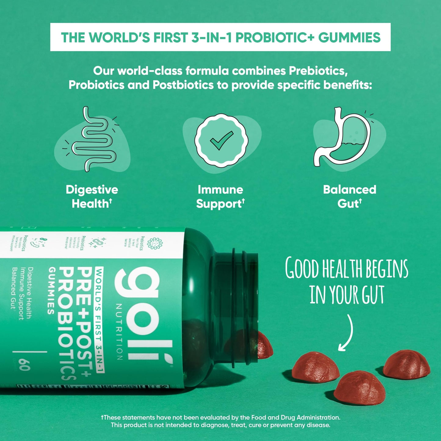 Goli Pre Pro Postbiotic Gummies - Worlds First 3-in-1 Formula with DE111 Probiotics, XOS Prebiotics, MCC1849 Postbiotics - Vegan, Non-GMO, - dailyvitalstore