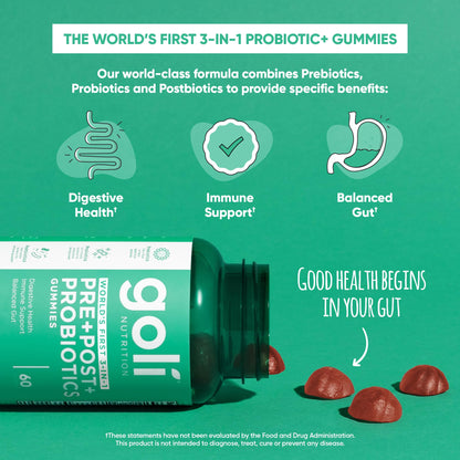 Goli Pre Pro Postbiotic Gummies - Worlds First 3-in-1 Formula with DE111 Probiotics, XOS Prebiotics, MCC1849 Postbiotics - Vegan, Non-GMO, - dailyvitalstore