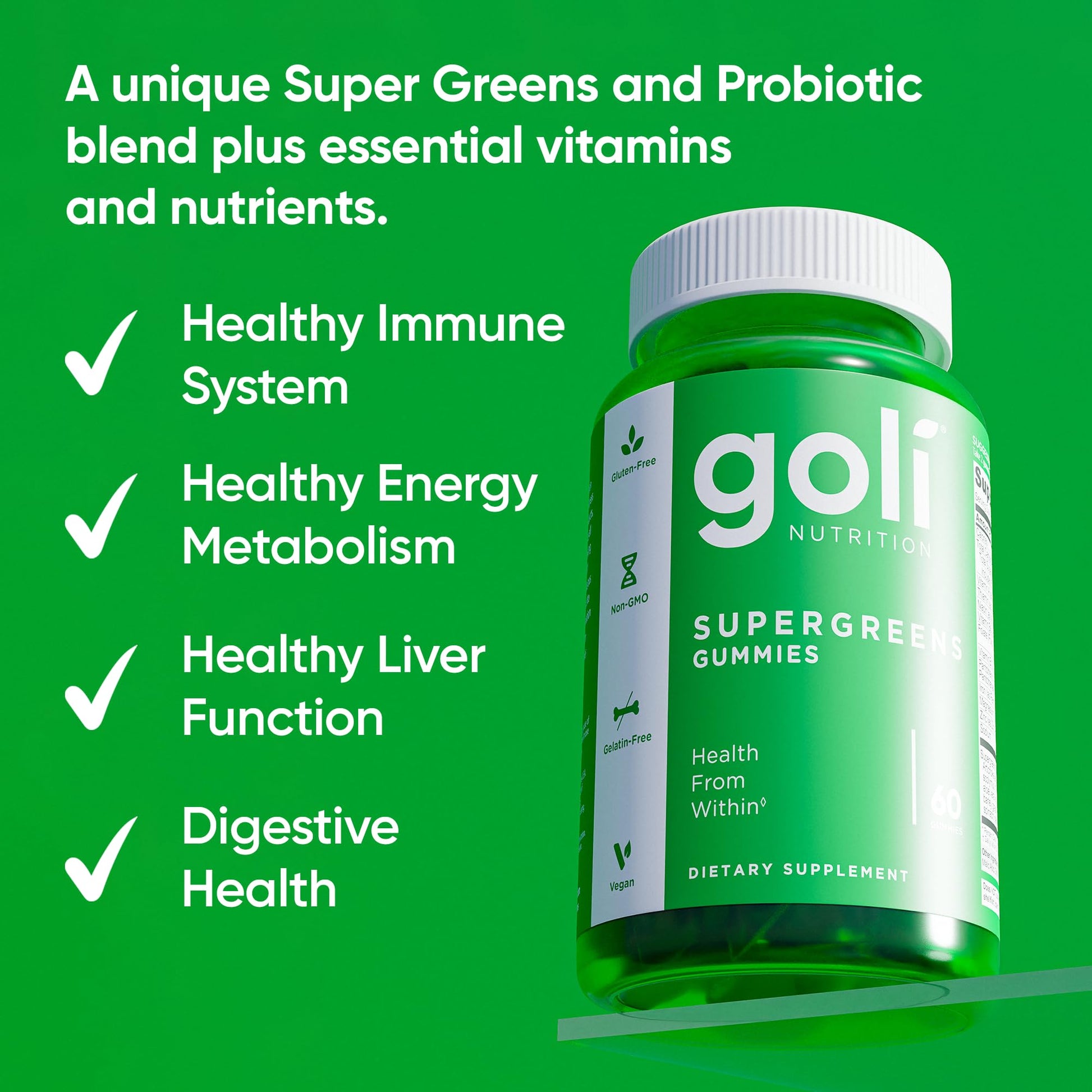 Goli Supergreens Gummies with Probiotics - Artichoke Leaf Extract, Spirulina, Kale, Vitamins A, B6, B12 - Vegan, Gluten-Free, Non-GMO - dailyvitalstore