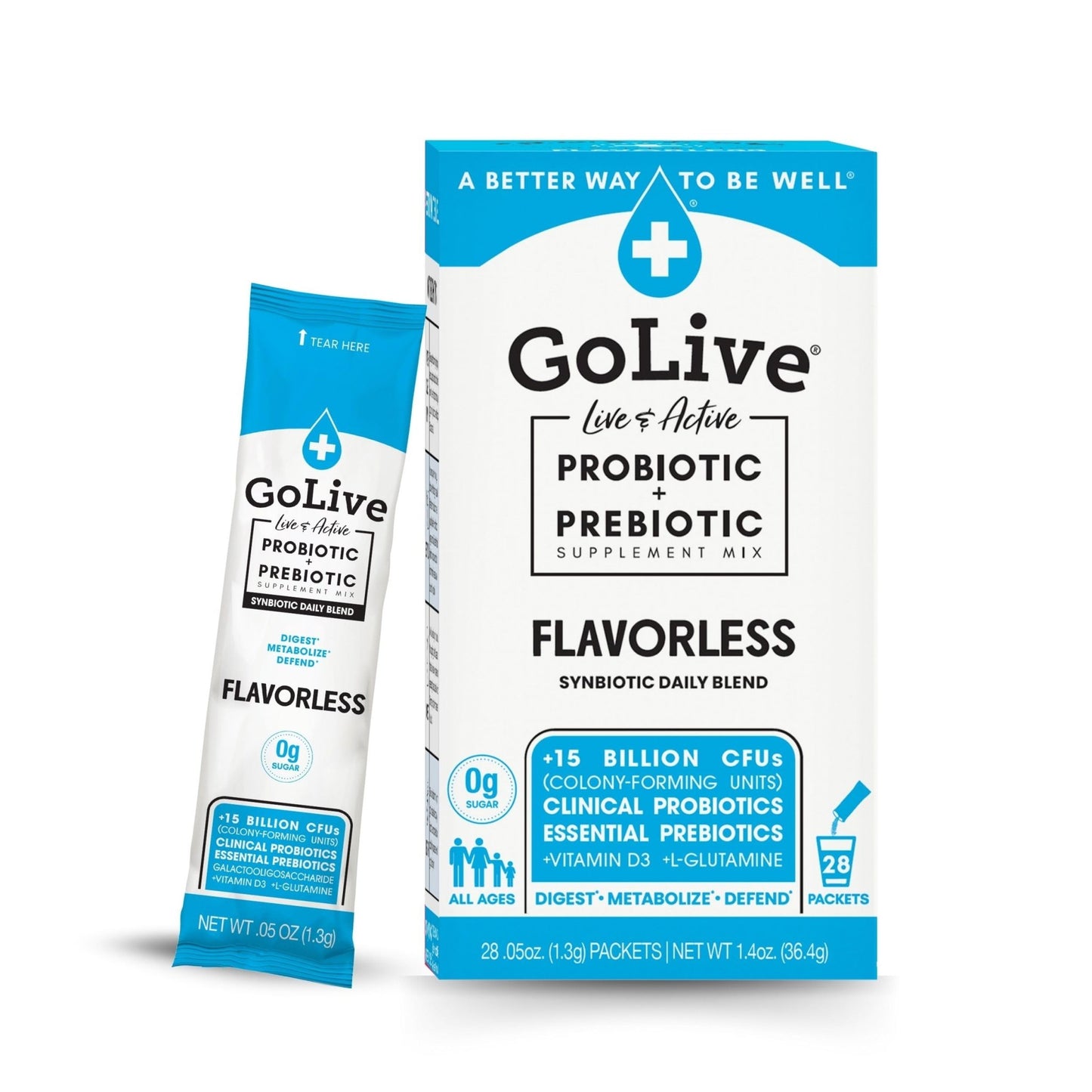 GoLive Prebiotic & Probiotic for Women, Men, Kids. Flavor-Free, Sugar-Free, Synbiotic Powder w/ GOS, L-Glutamine, Vitamin D3, Electrolytes. For Gut Health, Digestion, Metabolism, Immunity 15-50B CFUs. - dailyvitalstore