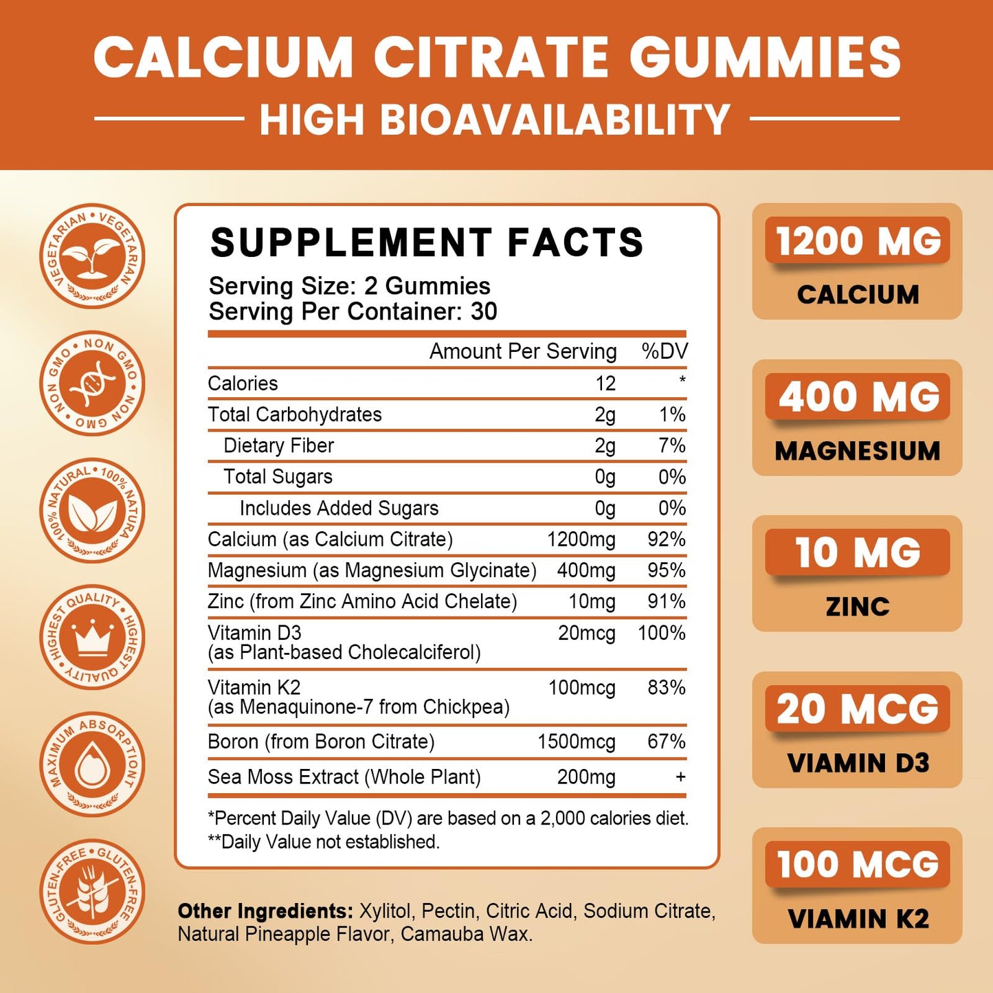 GONGOTA Calcium Citrate 1200mg with Vitamin D3 Gummies, Chewable Calcium for Bone, Muscle, Joints, Immune Support, Calcium Supplements for Women & Men,Sugar Free, Pineapple Flavor - 120 Gummies - dailyvitalstore