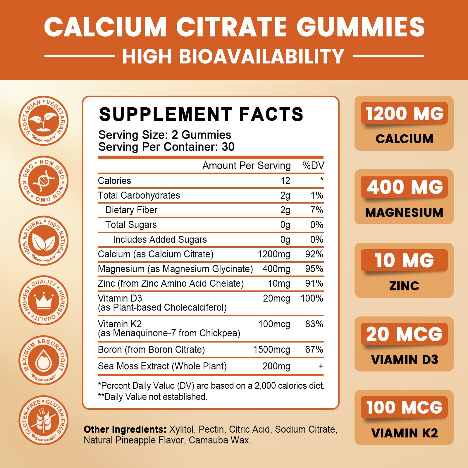 GONGOTA Calcium Citrate 1200mg with Vitamin D3 Gummies, Chewable Calcium for Bone, Muscle, Joints, Immune Support, Calcium Supplements for Women & Men,Sugar Free, Pineapple Flavor - 120 Gummies - dailyvitalstore