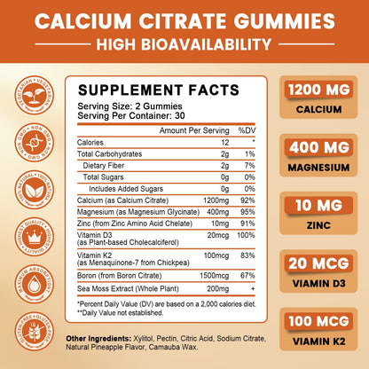 GONGOTA Calcium Citrate 1200mg with Vitamin D3 Gummies, Chewable Calcium for Bone, Muscle, Joints, Immune Support, Calcium Supplements for Women & Men,Sugar Free, Pineapple Flavor - 120 Gummies - dailyvitalstore