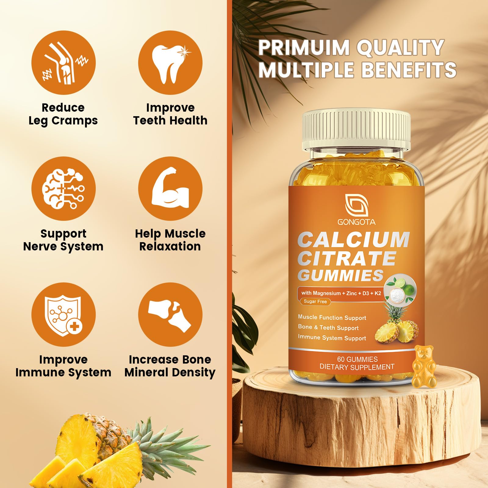 GONGOTA Calcium Citrate 1200mg with Vitamin D3 Gummies, Chewable Calcium for Bone, Muscle, Joints, Immune Support, Calcium Supplements for Women & Men,Sugar Free, Pineapple Flavor - 120 Gummies - dailyvitalstore