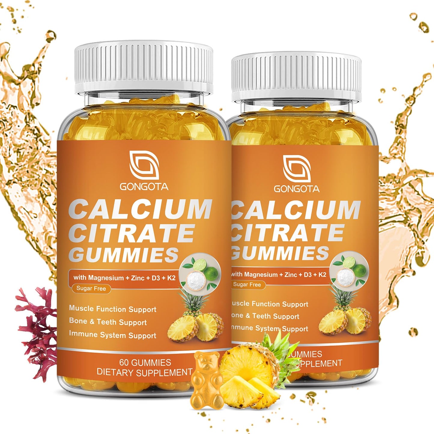 GONGOTA Calcium Citrate 1200mg with Vitamin D3 Gummies, Chewable Calcium for Bone, Muscle, Joints, Immune Support, Calcium Supplements for Women & Men,Sugar Free, Pineapple Flavor - 120 Gummies - dailyvitalstore