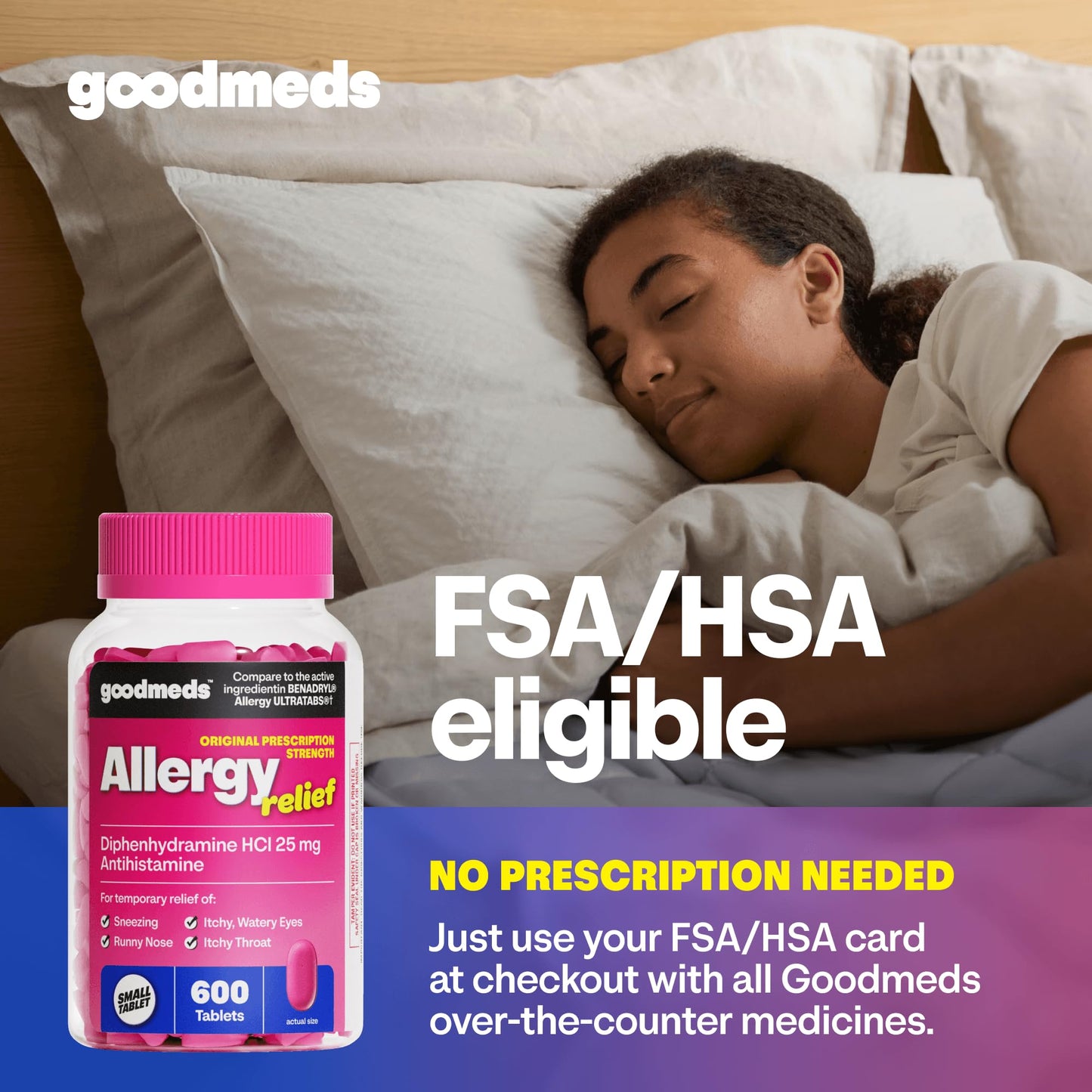 GoodMeds Allergy Medicine Antihistamine, Diphenhydramine HCl 25 mg | Children and Adults | Relieve Itchy Eyes, Runny Nose, Sneezing (25 mg, 600 Tablets) - dailyvitalstore