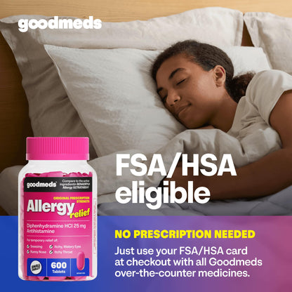 GoodMeds Allergy Medicine Antihistamine, Diphenhydramine HCl 25 mg | Children and Adults | Relieve Itchy Eyes, Runny Nose, Sneezing (25 mg, 600 Tablets) - dailyvitalstore