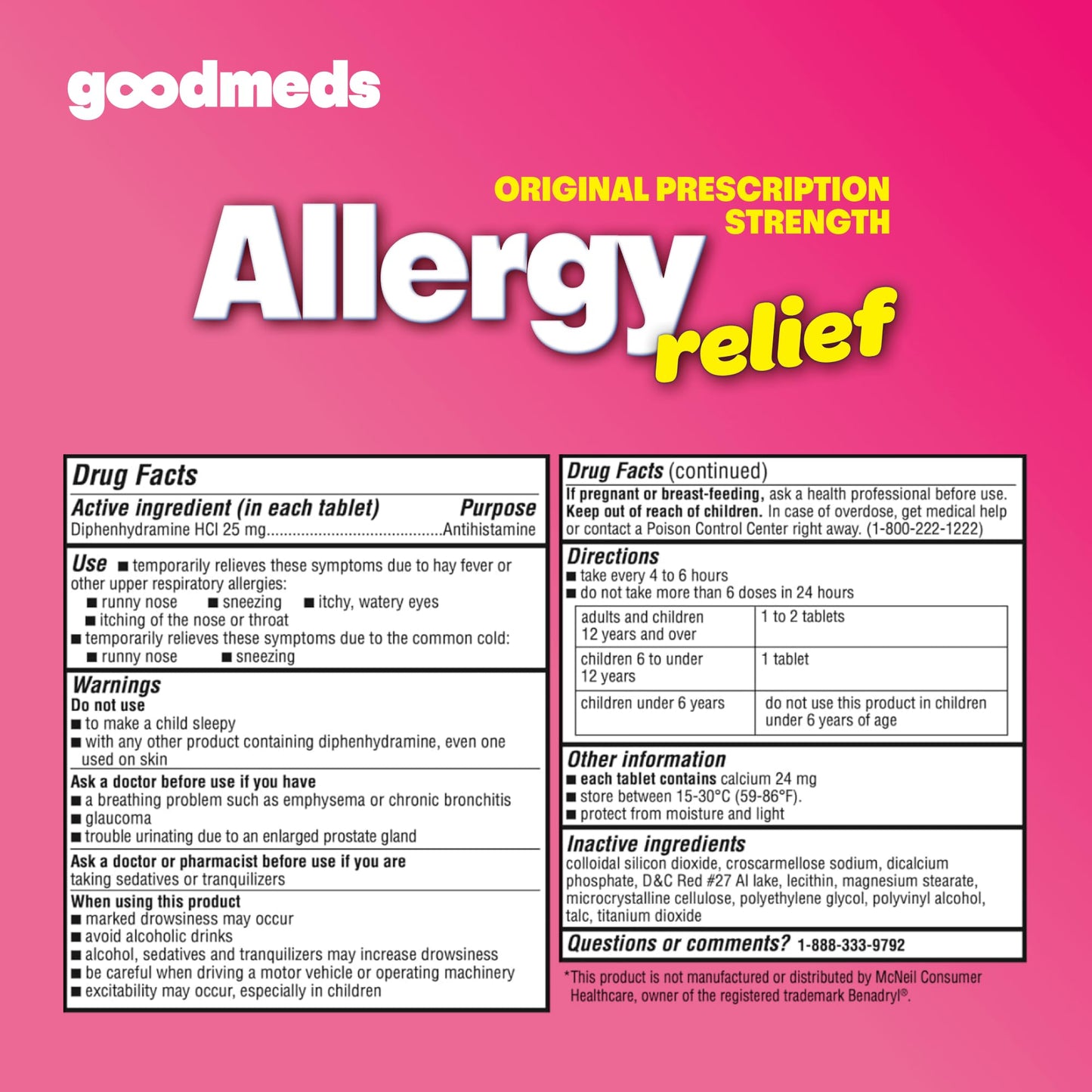 GoodMeds Allergy Medicine Antihistamine, Diphenhydramine HCl 25 mg | Children and Adults | Relieve Itchy Eyes, Runny Nose, Sneezing (25 mg, 600 Tablets) - dailyvitalstore