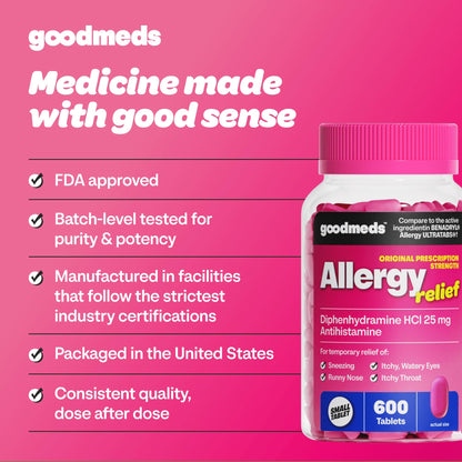 GoodMeds Allergy Medicine Antihistamine, Diphenhydramine HCl 25 mg | Children and Adults | Relieve Itchy Eyes, Runny Nose, Sneezing (25 mg, 600 Tablets) - dailyvitalstore