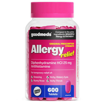 GoodMeds Allergy Medicine Antihistamine, Diphenhydramine HCl 25 mg | Children and Adults | Relieve Itchy Eyes, Runny Nose, Sneezing (25 mg, 600 Tablets) - dailyvitalstore