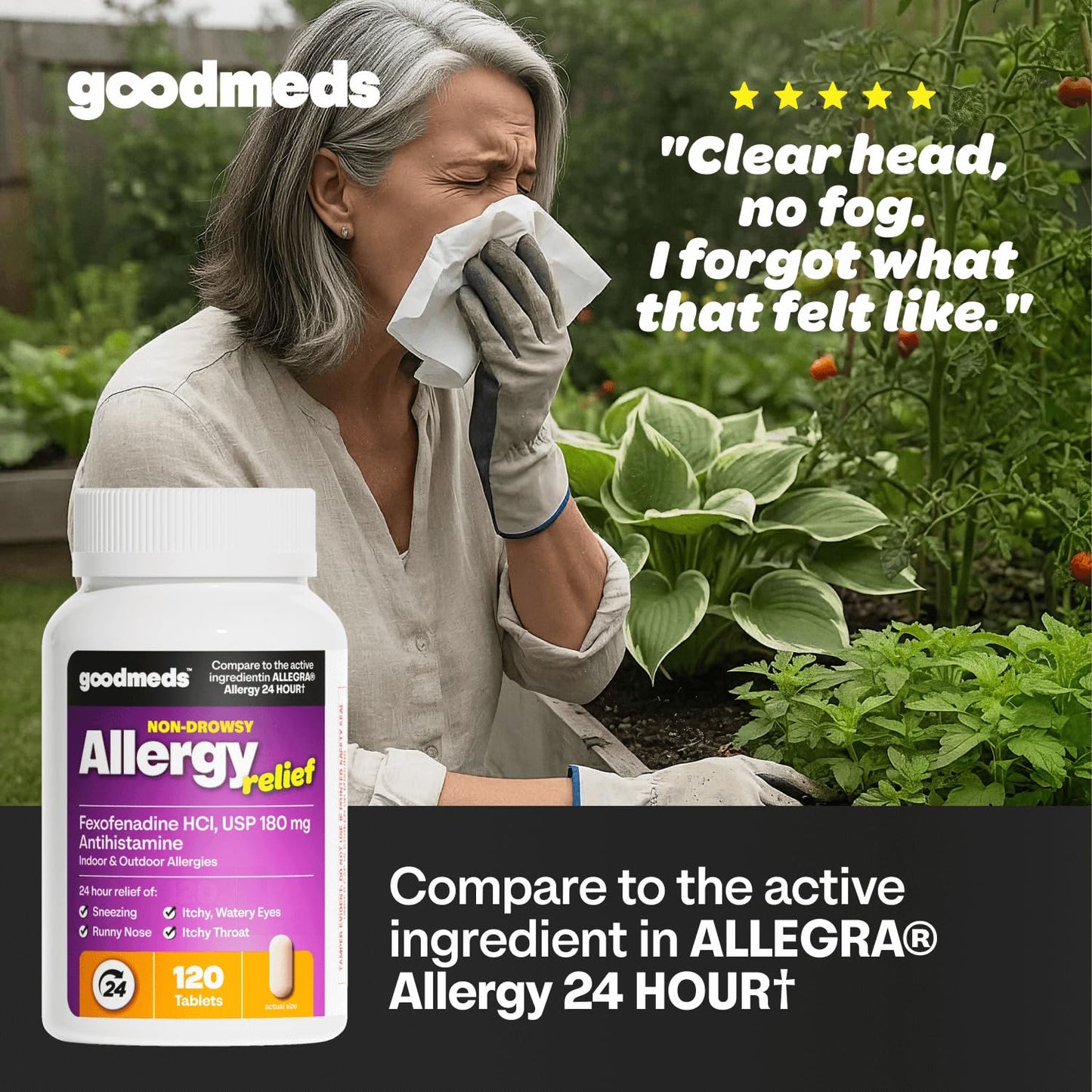 GoodMeds Compare to Allegra | Fexofenadine HCl 180mg | 24-Hour Allergy Relief, Non-Drowsy Antihistamine Generic Medicine for Allergies, Hay Fever, Itchy Eyes | for Kids & Adults (120 Count) - dailyvitalstore