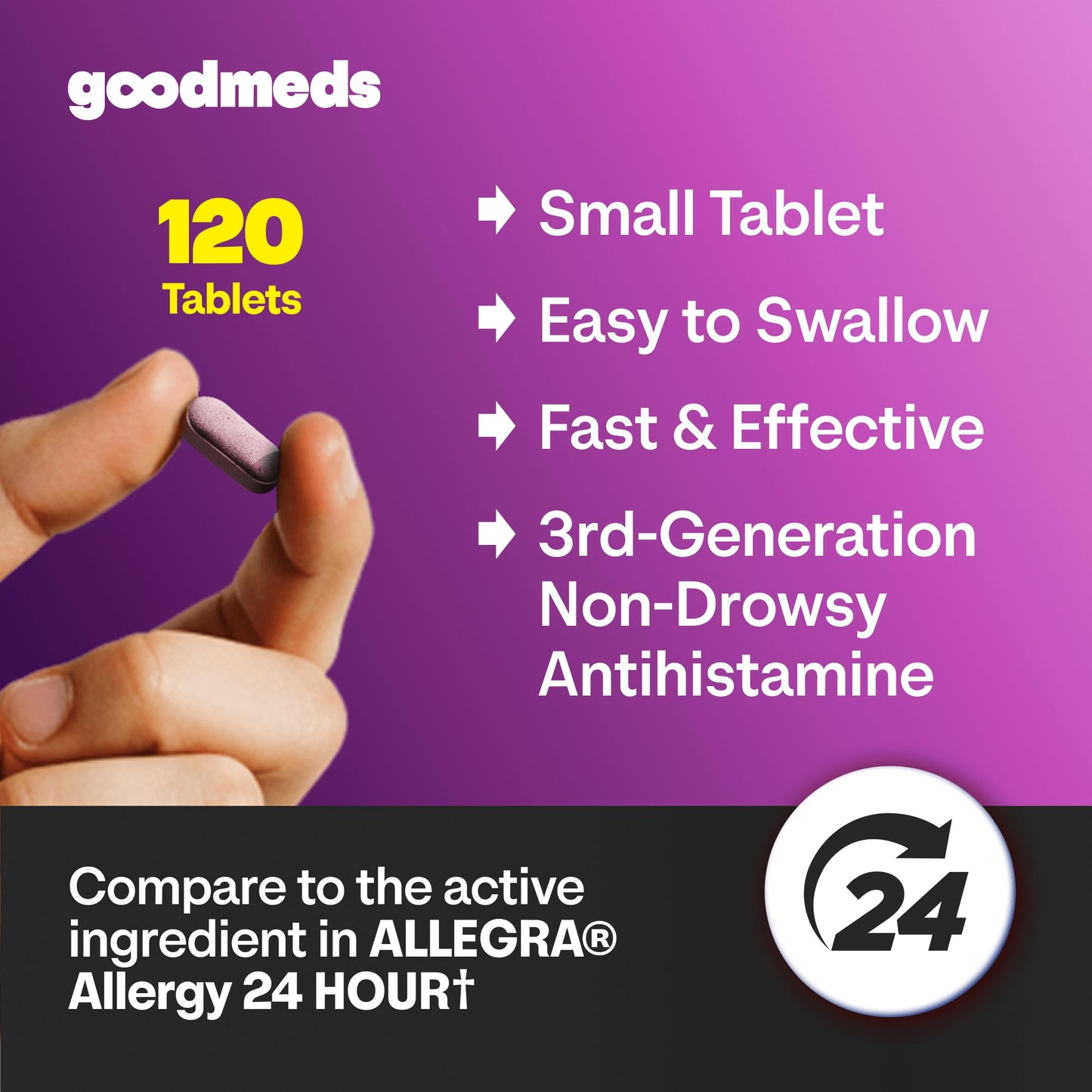GoodMeds Compare to Allegra | Fexofenadine HCl 180mg | 24-Hour Allergy Relief, Non-Drowsy Antihistamine Generic Medicine for Allergies, Hay Fever, Itchy Eyes | for Kids & Adults (120 Count) - dailyvitalstore