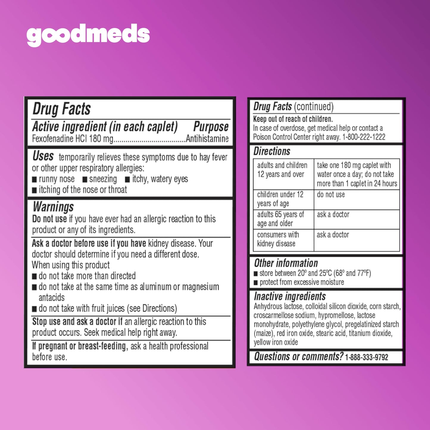 GoodMeds Compare to Allegra | Fexofenadine HCl 180mg | 24-Hour Allergy Relief, Non-Drowsy Antihistamine Generic Medicine for Allergies, Hay Fever, Itchy Eyes | for Kids & Adults (120 Count) - dailyvitalstore