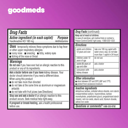 GoodMeds Compare to Allegra | Fexofenadine HCl 180mg | 24-Hour Allergy Relief, Non-Drowsy Antihistamine Generic Medicine for Allergies, Hay Fever, Itchy Eyes | for Kids & Adults (120 Count) - dailyvitalstore