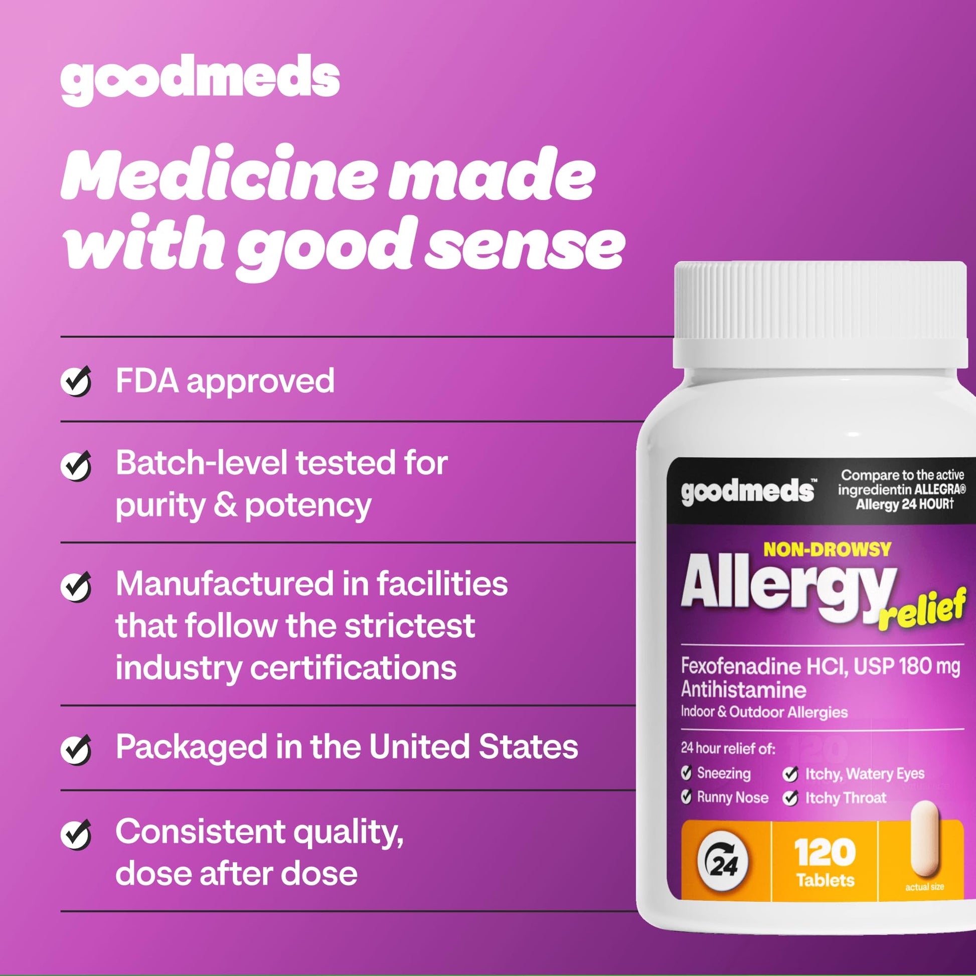 GoodMeds Compare to Allegra | Fexofenadine HCl 180mg | 24-Hour Allergy Relief, Non-Drowsy Antihistamine Generic Medicine for Allergies, Hay Fever, Itchy Eyes | for Kids & Adults (120 Count) - dailyvitalstore