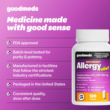 GoodMeds Compare to Allegra | Fexofenadine HCl 180mg | 24-Hour Allergy Relief, Non-Drowsy Antihistamine Generic Medicine for Allergies, Hay Fever, Itchy Eyes | for Kids & Adults (120 Count) - dailyvitalstore