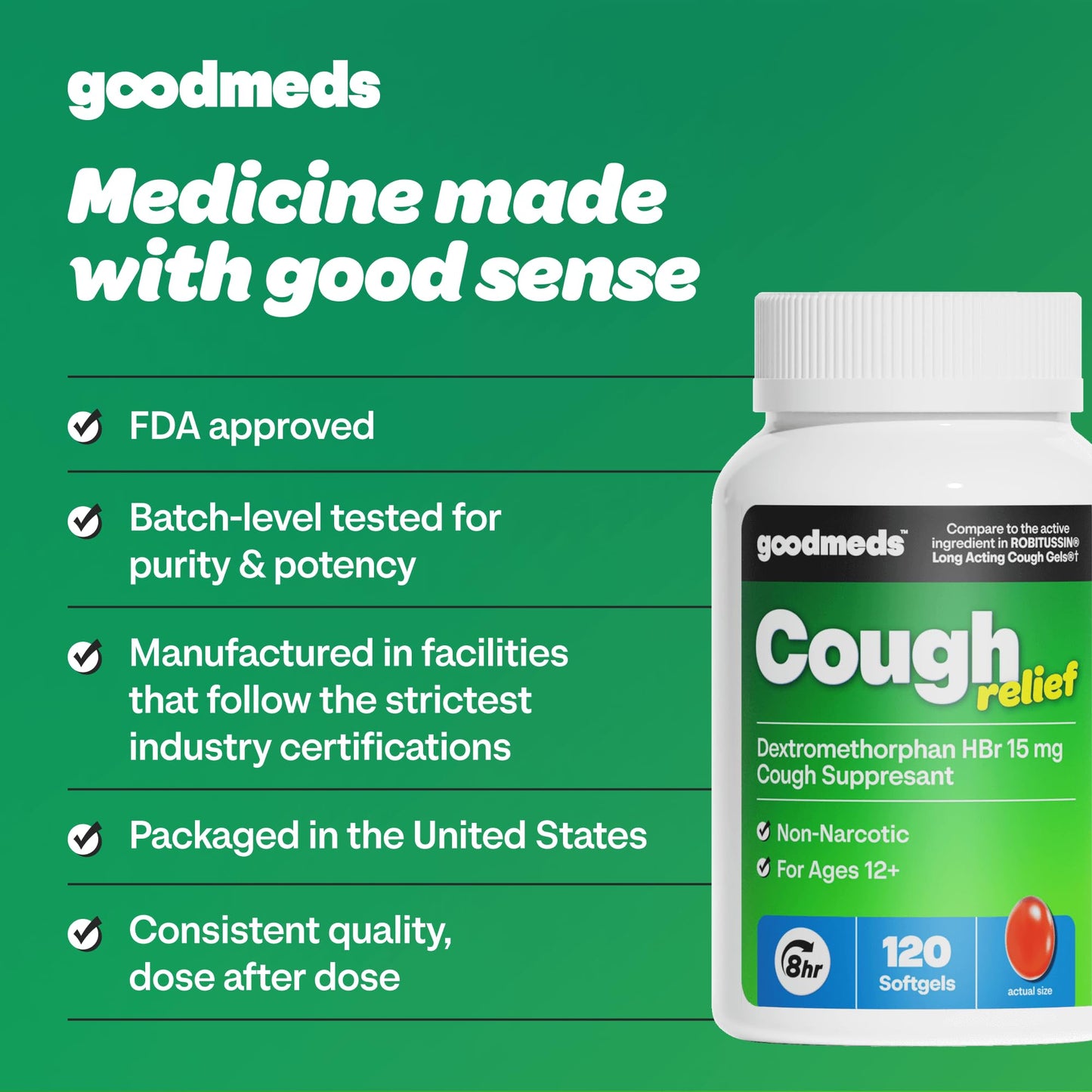GoodMeds Cough Relief for Adults Softgels Dextromethorphan HBr (DXM) 15mg 8Hour, Non-Drowsy, Long-Lasting Bronchial Suppressant for Dry Cough and Chest Congestion (120 Count) - dailyvitalstore