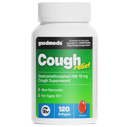 GoodMeds Cough Relief for Adults Softgels Dextromethorphan HBr (DXM) 15mg 8Hour, Non-Drowsy, Long-Lasting Bronchial Suppressant for Dry Cough and Chest Congestion (120 Count) - dailyvitalstore