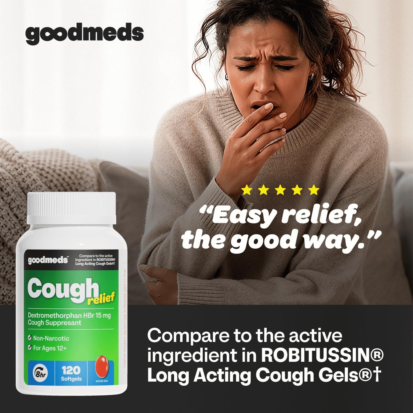 GoodMeds Cough Relief for Adults Softgels Dextromethorphan HBr (DXM) 15mg 8Hour, Non-Drowsy, Long-Lasting Bronchial Suppressant for Dry Cough and Chest Congestion (120 Count) - dailyvitalstore