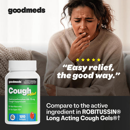 GoodMeds Cough Relief for Adults Softgels Dextromethorphan HBr (DXM) 15mg 8Hour, Non-Drowsy, Long-Lasting Bronchial Suppressant for Dry Cough and Chest Congestion (120 Count) - dailyvitalstore