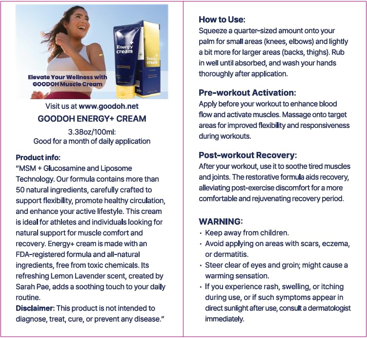 GOODOH Muscle & Joint Relief Cream with MSM (Dimethyl Sulfone), Glucosamine & Chondroitin – Fast Absorbing Cream for Muscle Pain, Joint Stiffness & Recovery – 3.38 oz - dailyvitalstore