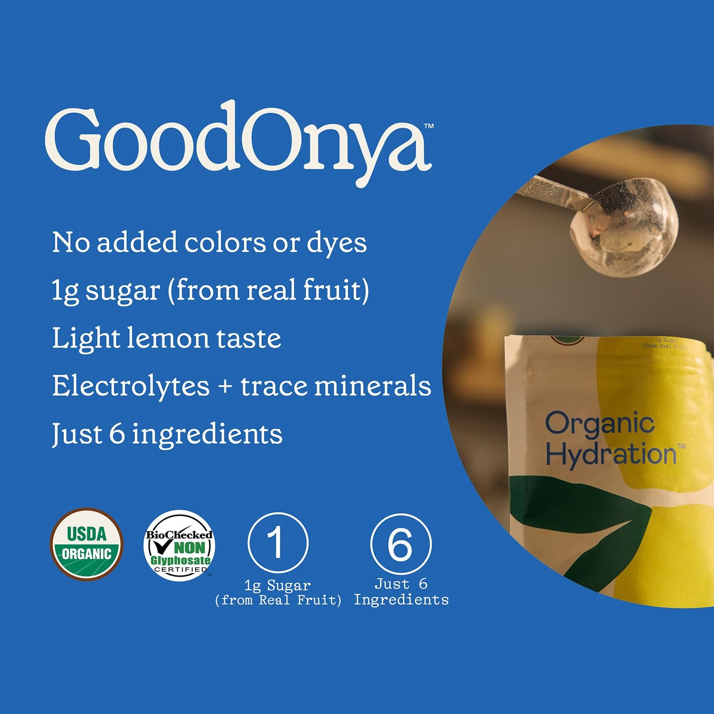 GOODONYA Organic Hydration Electrolyte Drink Mix, Certified Organic Hydration Powder, Non-GMO, Biochecked Glyphosate Free, Low Sugar, Lemonade Flavor, - dailyvitalstore