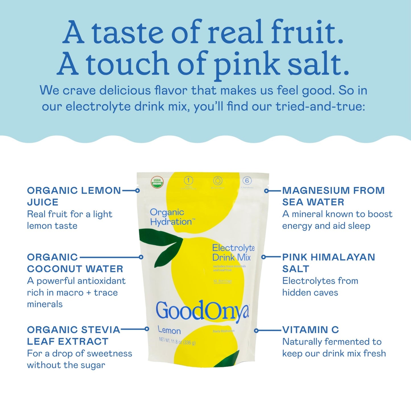 GOODONYA Organic Hydration Electrolyte Drink Mix, Certified Organic Hydration Powder, Non-GMO, Biochecked Glyphosate Free, Low Sugar, Lemonade Flavor, - dailyvitalstore